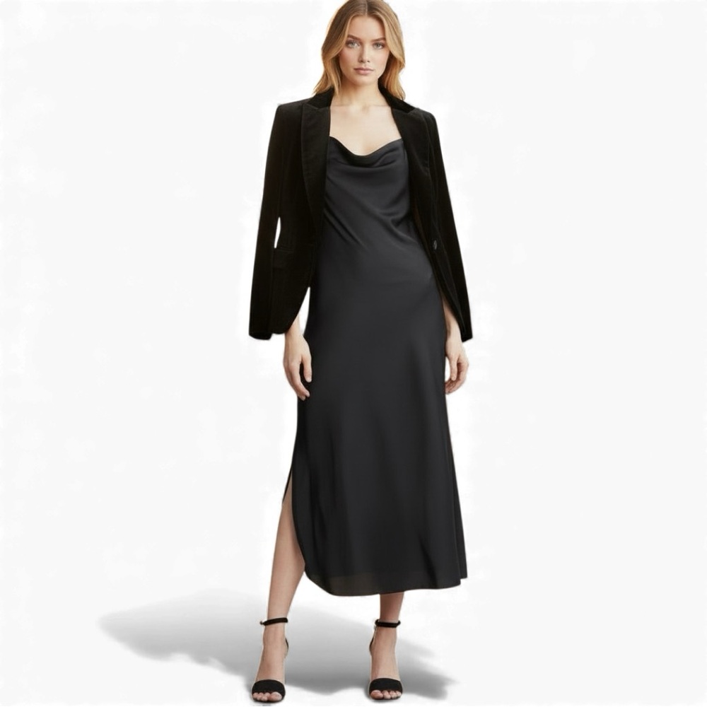 AllSaints Hadley Black Satin Slipdress 8 Cowl Neck Midi Dress Holiday Ready NYE